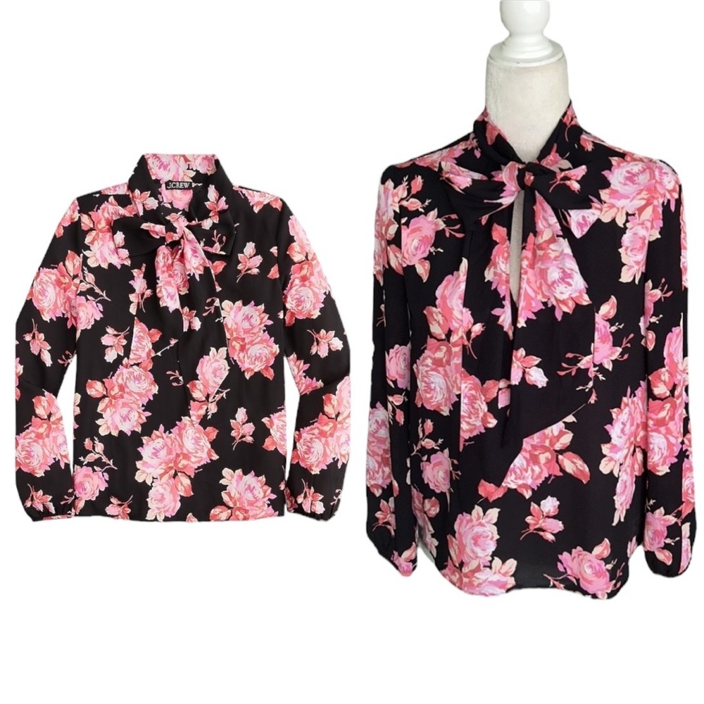 NWOT J. Crew Tie Neck Pussycat Floral Print Blouse in Midnight Rose - XS